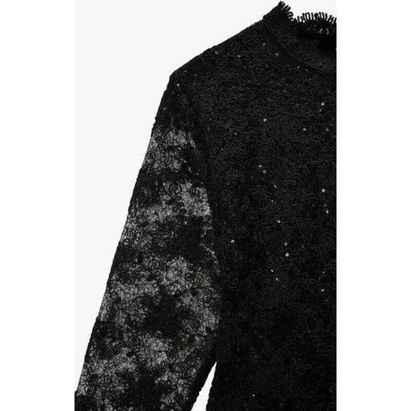 ZARA Mesh Embroidered Sequin Lace Top Black Size Medium - Picture 10 of 10